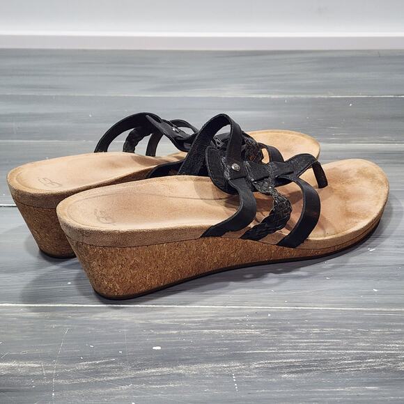 Ugg‎ Maddie Wedge Sandals Leather Cork Black Thongs Slip On Shoes Size 11 - Picture 4 of 11